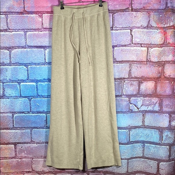 MOTF Small Beige Wide Leg Knit Lounge Pants Ribbed Drawstring Cozy Soft - Picture 1 of 6